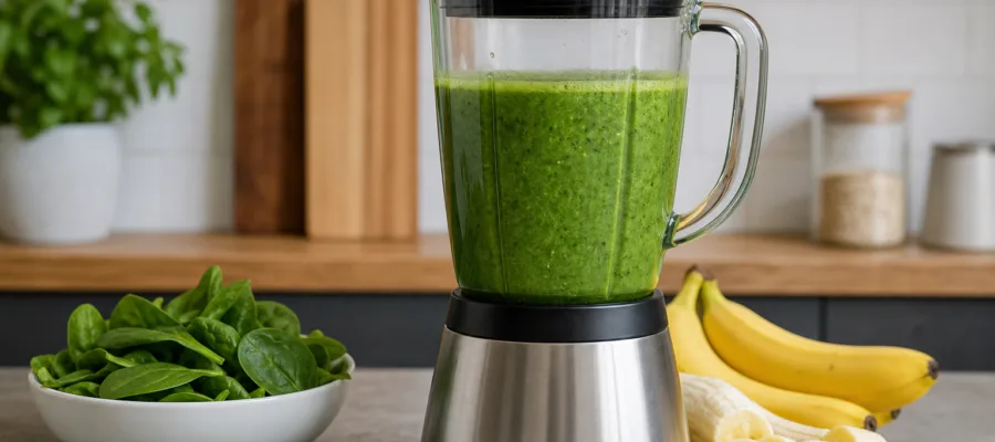 Gruener Smoothie mit Spinat und Banane im Mixer
