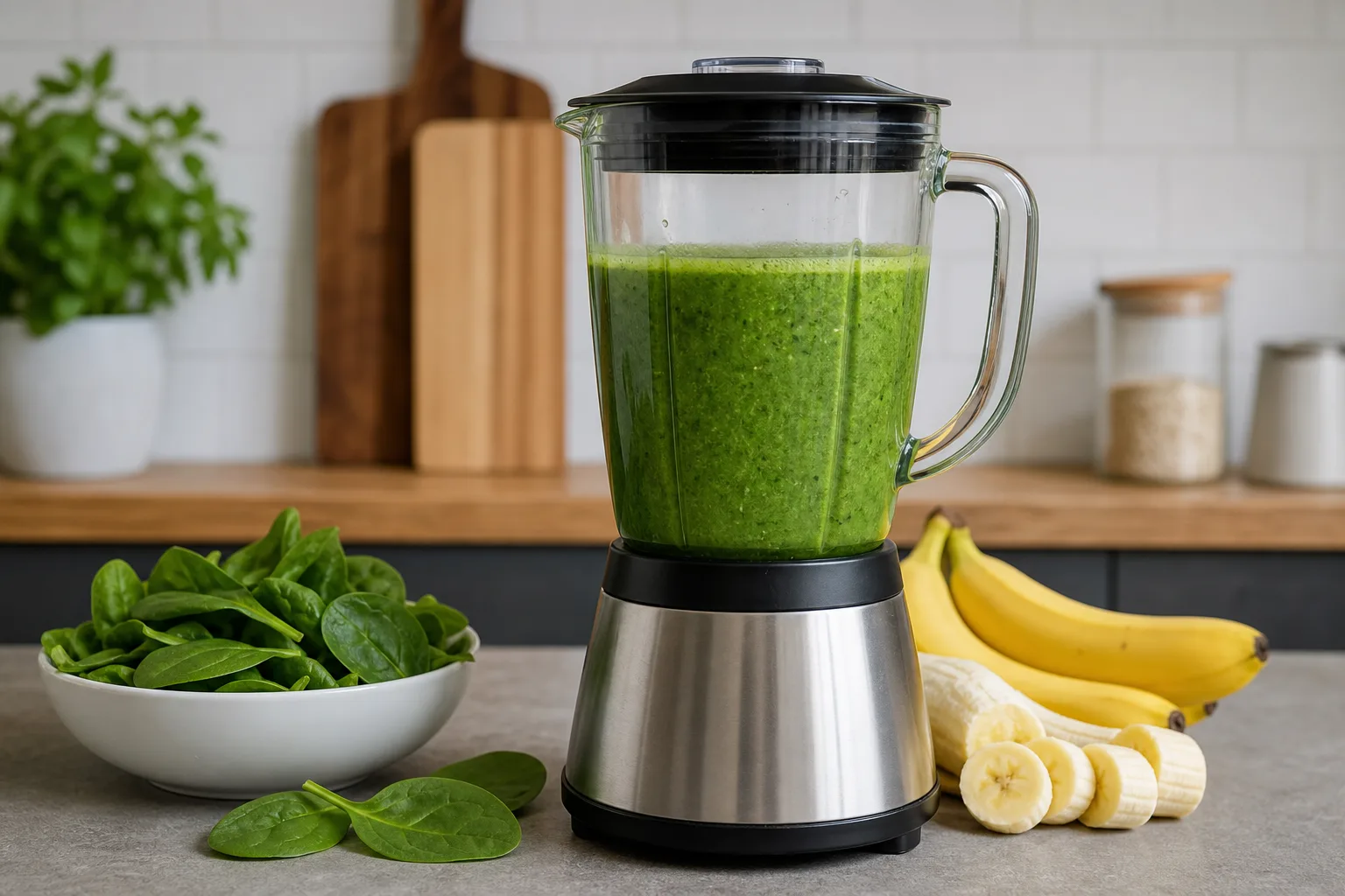 Gruener Smoothie mit Spinat und Banane im Mixer